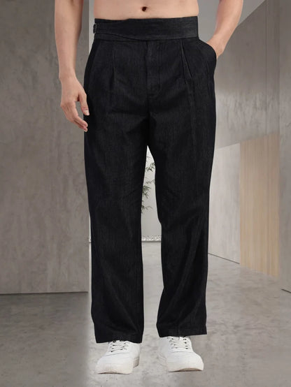 House Of Koala Black Premium Denim Gurkha Trousers with Double Pleated Front