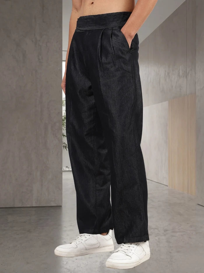 House Of Koala Black Premium Denim Gurkha Trousers with Double Pleated Front