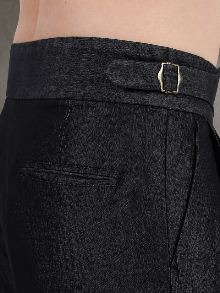 House Of Koala Black Premium Denim Gurkha Trousers with Double Pleated Front
