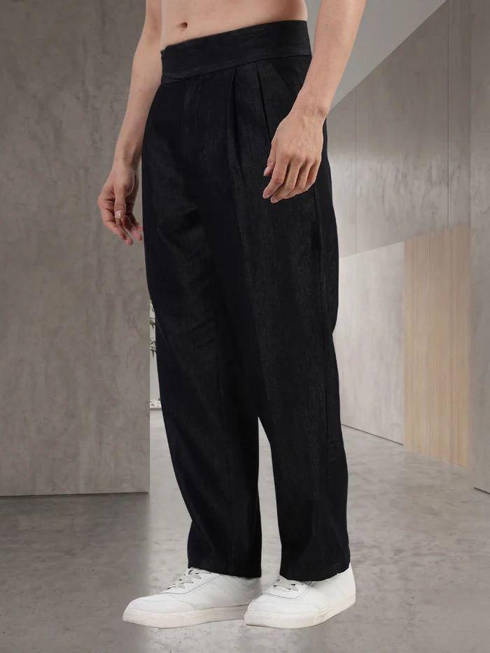 House Of Koala Black Premium Denim Gurkha Trousers with Double Pleated Front