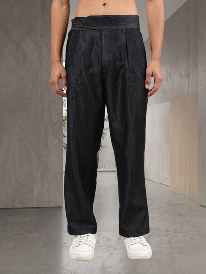 House Of Koala Black Premium Denim Gurkha Trousers with Double Pleated Front