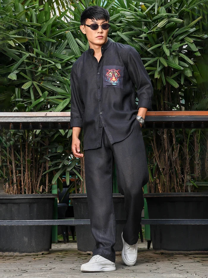 House Of Koala Black Solid Linen-Blend Relaxed Fit Trousers