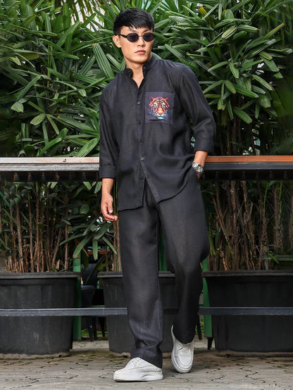 House Of Koala Black Solid Linen-Blend Relaxed Fit Trousers
