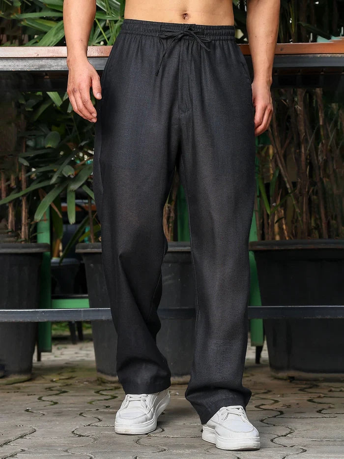 House Of Koala Black Solid Linen-Blend Relaxed Fit Trousers