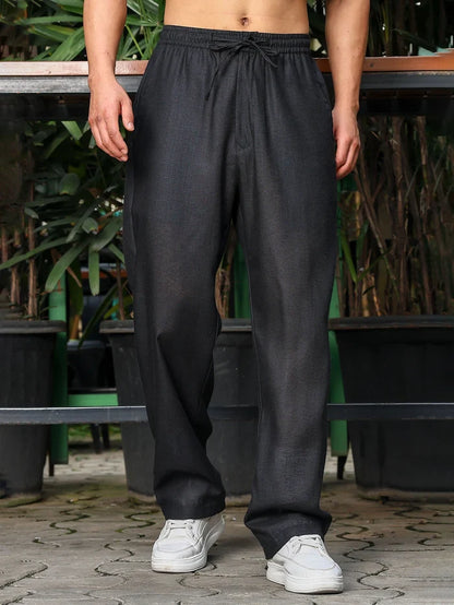 House Of Koala Black Solid Linen-Blend Relaxed Fit Trousers