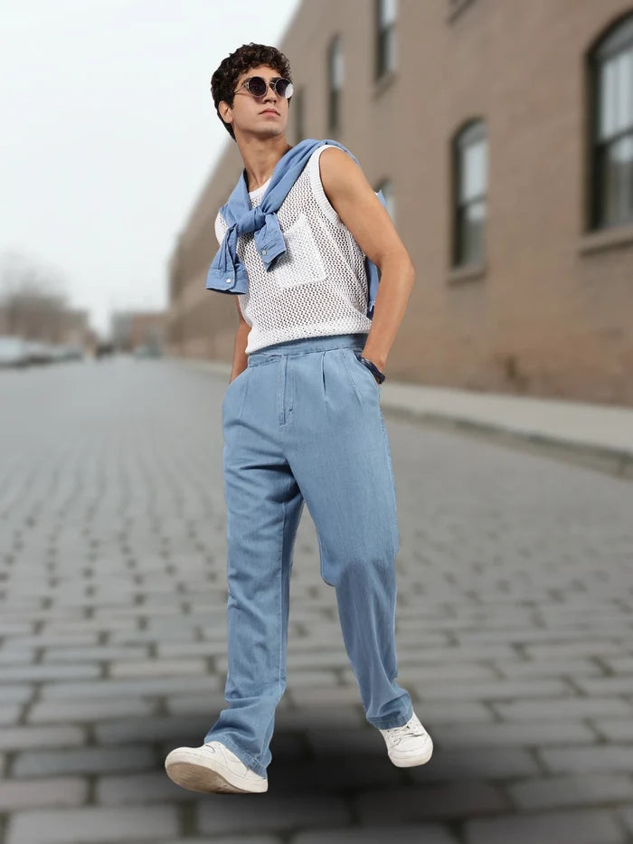 House Of Koala Blue Denim Baggy Fit Gurkha Trousers with Double Pleated Front