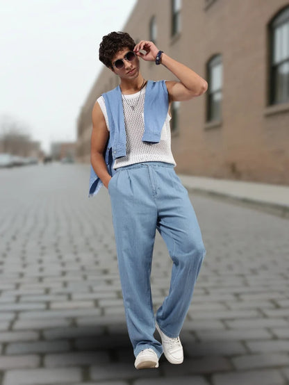 House Of Koala Blue Denim Baggy Fit Gurkha Trousers with Double Pleated Front