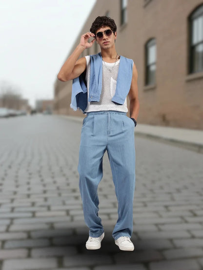 House Of Koala Blue Denim Baggy Fit Gurkha Trousers with Double Pleated Front