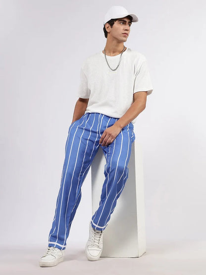 House Of Koala Blue Striped Varsity Striped Mid-Rise All Day Relaxed Fit Pants