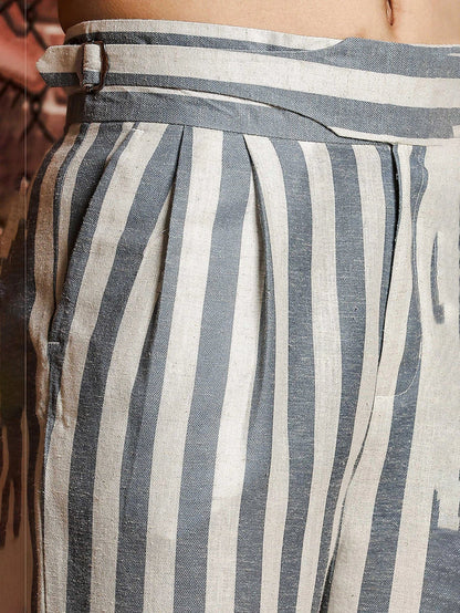House Of Koala Blue & White Striped Linen Blend Double Pleated Gurkha Trousers
