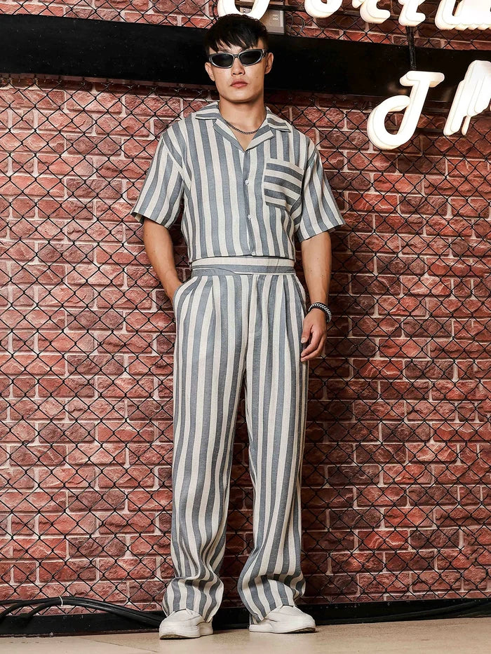 House Of Koala Blue & White Striped Linen Blend Double Pleated Gurkha Trousers