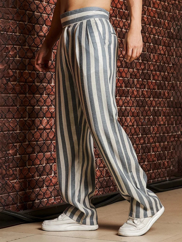 House Of Koala Blue & White Striped Linen Blend Double Pleated Gurkha Trousers