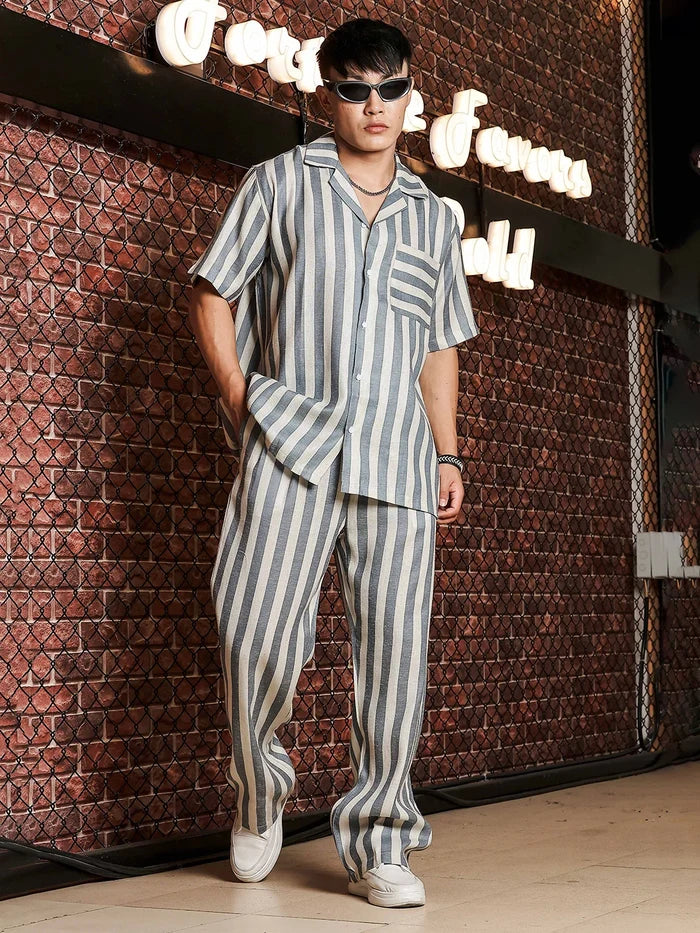 House Of Koala Blue & White Striped Linen Blend Double Pleated Gurkha Trousers