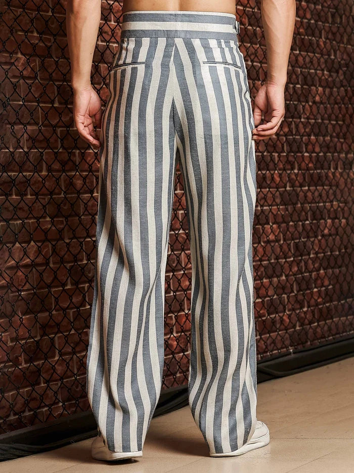 House Of Koala Blue & White Striped Linen Blend Double Pleated Gurkha Trousers