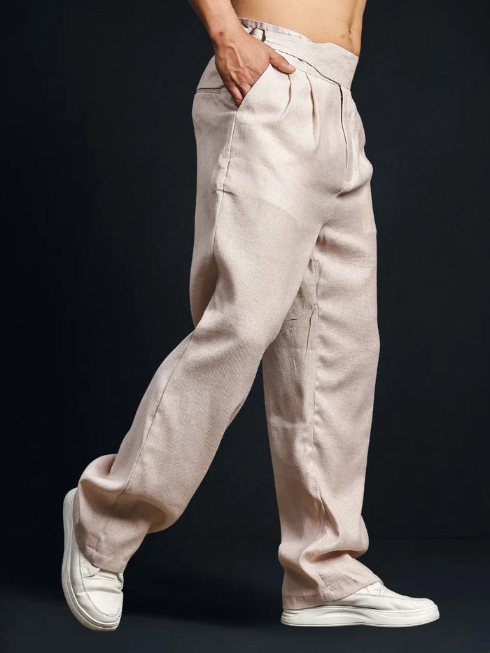 House Of Koala Champagne Pink Solid Linen Blend Gurkha Trousers with Double Pleated Front