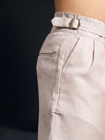 House Of Koala Champagne Pink Solid Linen Blend Gurkha Trousers with Double Pleated Front