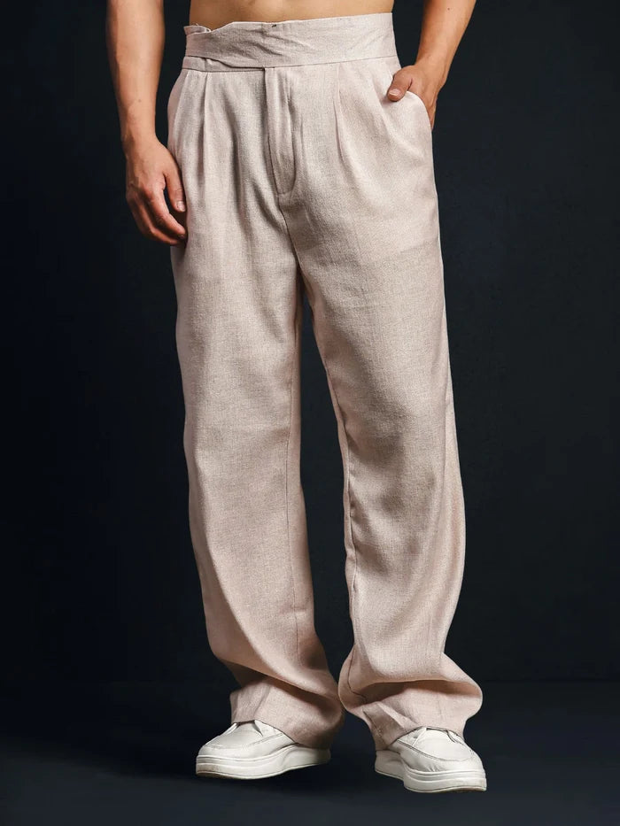 House Of Koala Champagne Pink Solid Linen Blend Gurkha Trousers with Double Pleated Front