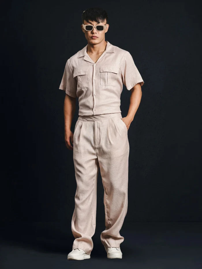 House Of Koala Champagne Pink Solid Linen Blend Gurkha Trousers with Double Pleated Front