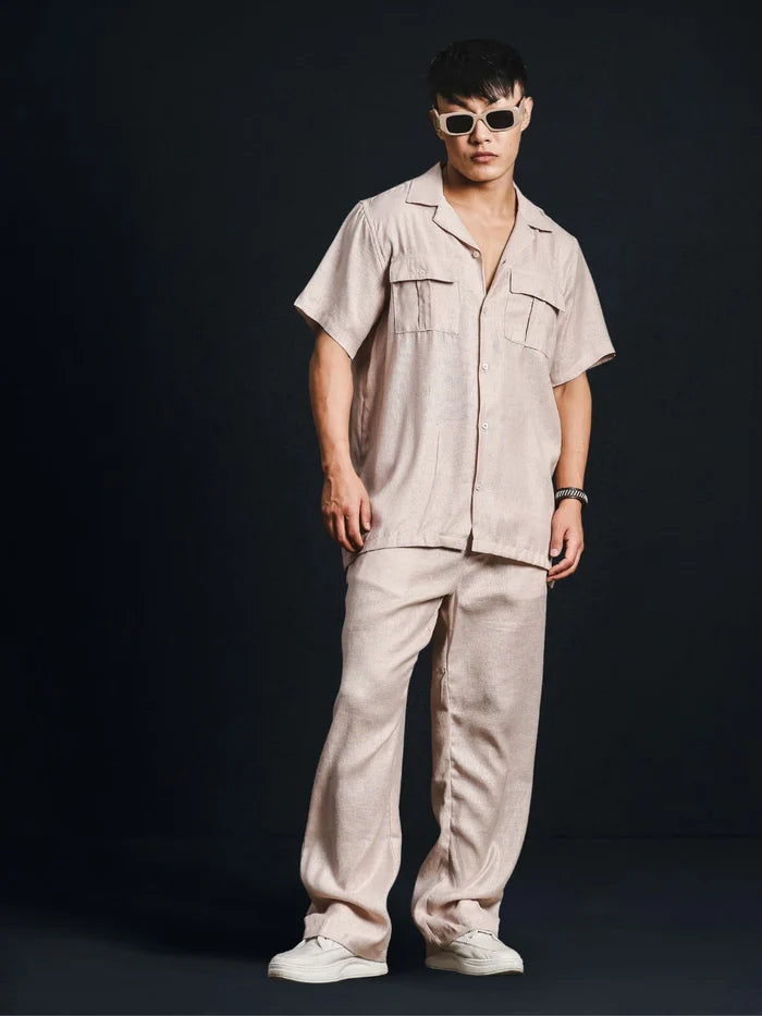 House Of Koala Champagne Pink Solid Linen Blend Gurkha Trousers with Double Pleated Front