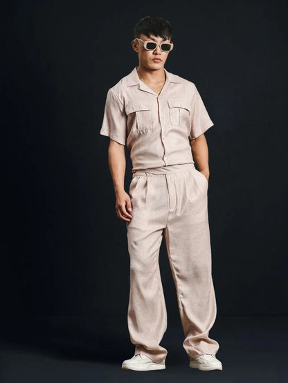 House Of Koala Champagne Pink Solid Linen Blend Gurkha Trousers with Double Pleated Front