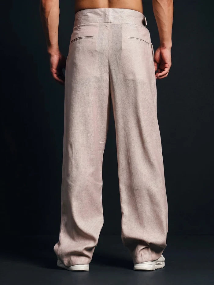 House Of Koala Champagne Pink Solid Linen Blend Gurkha Trousers with Double Pleated Front