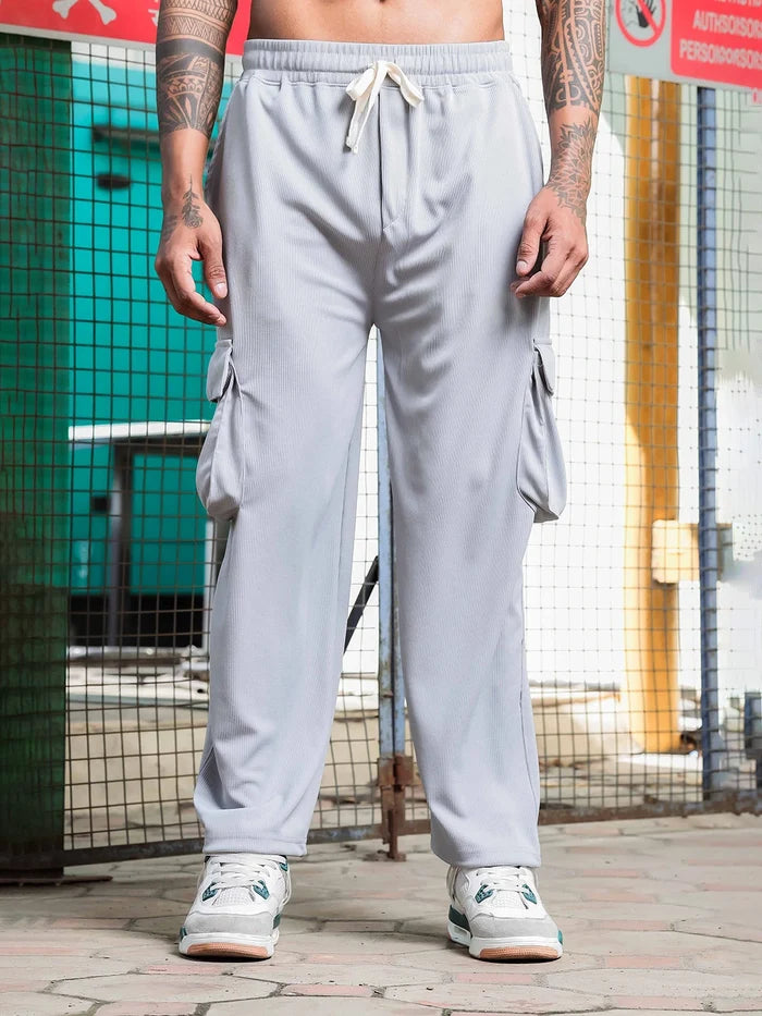House Of Koala Grey Ribbed Relaxed-Fit Mid-Rise Track Pant
