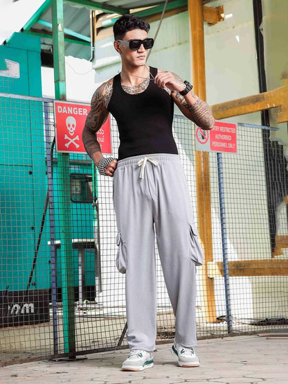 House Of Koala Grey Ribbed Relaxed-Fit Mid-Rise Track Pant