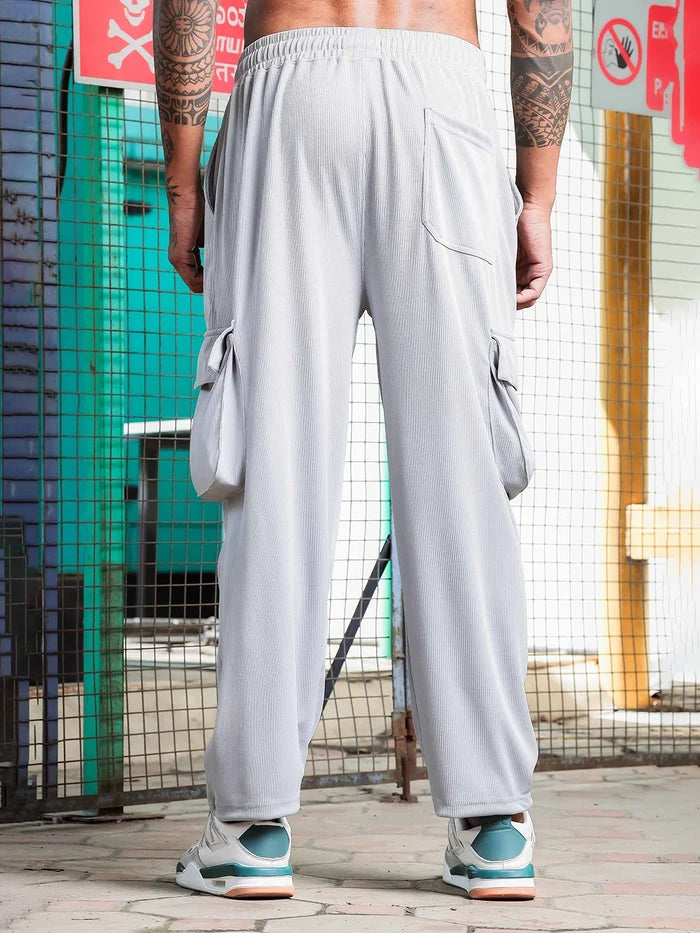 House Of Koala Grey Ribbed Relaxed-Fit Mid-Rise Track Pant