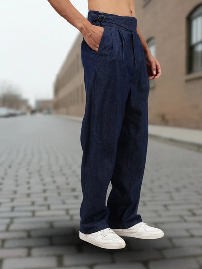 House Of Koala Navy Blue Premium Denim Gurkha Trousers with Double Pleated Front
