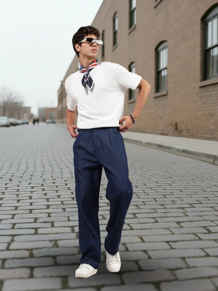House Of Koala Navy Blue Premium Denim Gurkha Trousers with Double Pleated Front