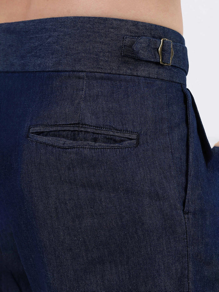 House Of Koala Navy Blue Premium Denim Gurkha Trousers with Double Pleated Front