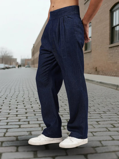 House Of Koala Navy Blue Premium Denim Gurkha Trousers with Double Pleated Front