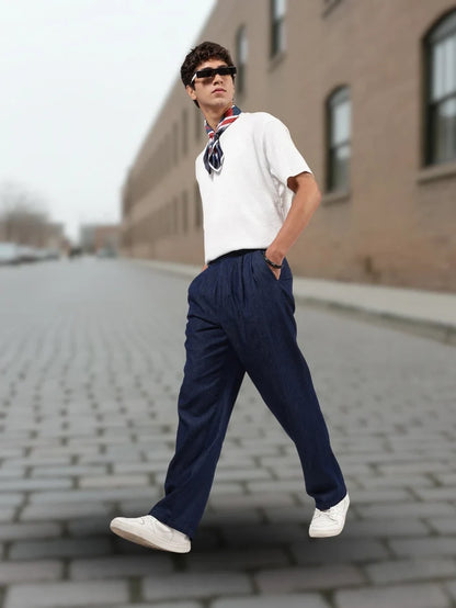 House Of Koala Navy Blue Premium Denim Gurkha Trousers with Double Pleated Front