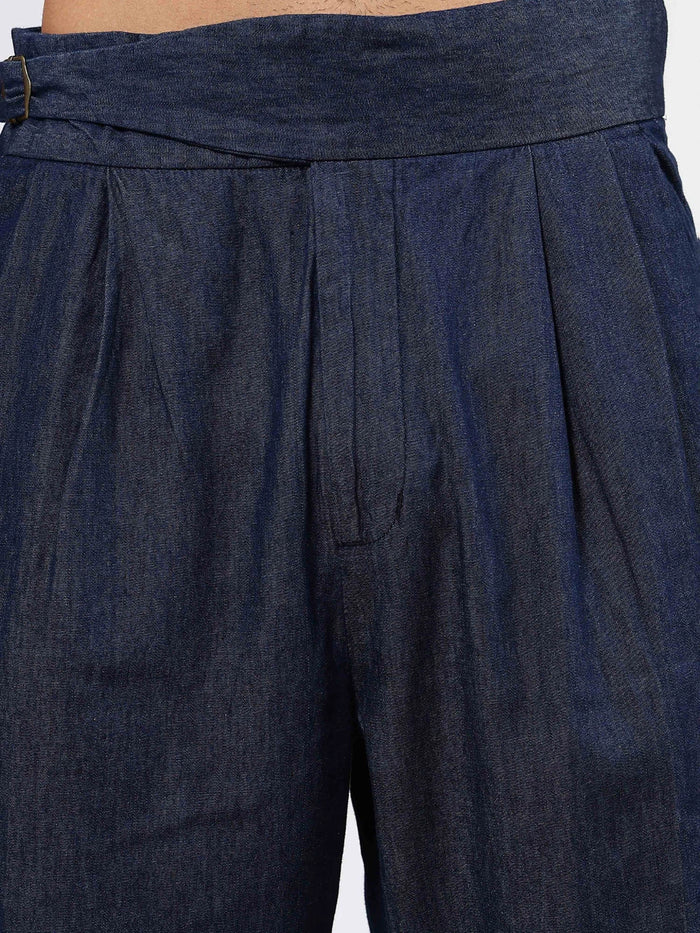 House Of Koala Navy Blue Premium Denim Gurkha Trousers with Double Pleated Front