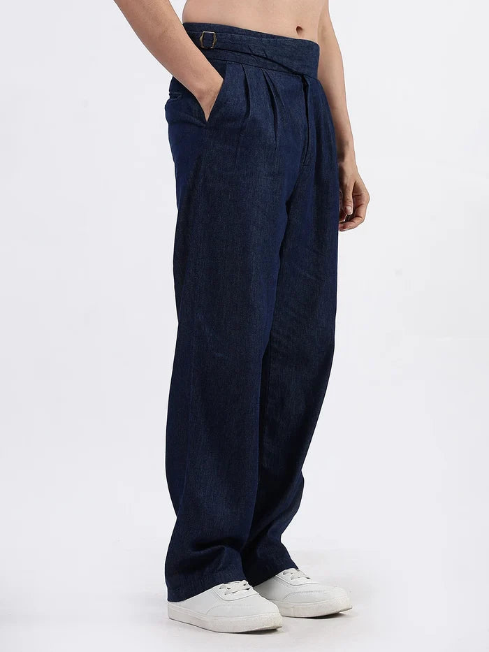 House Of Koala Navy Blue Premium Denim Gurkha Trousers with Double Pleated Front