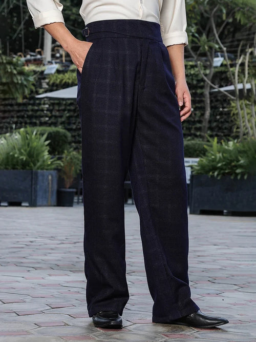 House Of Koala Navy Premium Tweed Blend Gurkha Trousers with Double Pleated Front