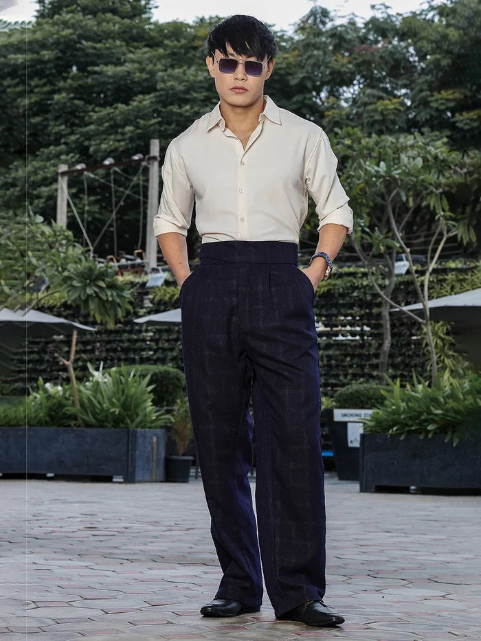 House Of Koala Navy Premium Tweed Blend Gurkha Trousers with Double Pleated Front
