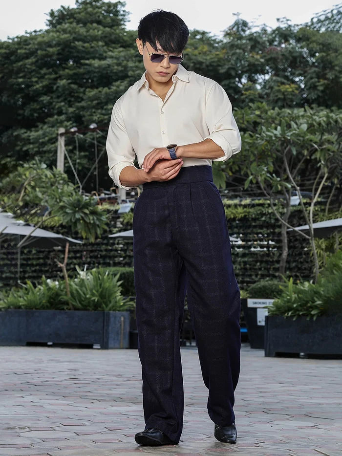 House Of Koala Navy Premium Tweed Blend Gurkha Trousers with Double Pleated Front