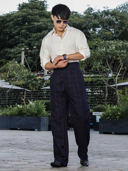 House Of Koala Navy Premium Tweed Blend Gurkha Trousers with Double Pleated Front
