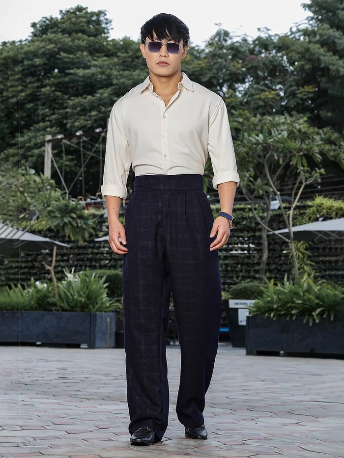 House Of Koala Navy Premium Tweed Blend Gurkha Trousers with Double Pleated Front