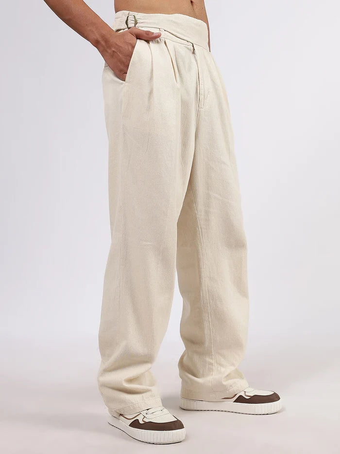 House Of Koala Off-White Premium Denim Gurkha Trousers with Double Pleated Front