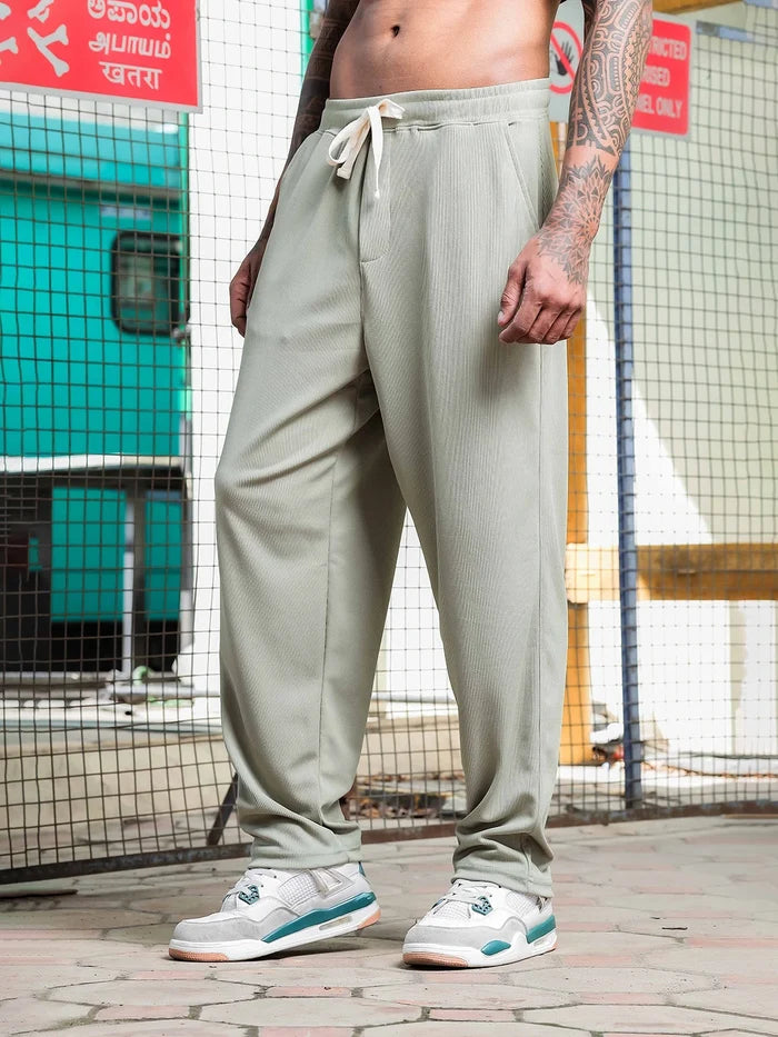 House Of Koala Olive Ribbed Relaxed-Fit Mid-Rise Track Pant