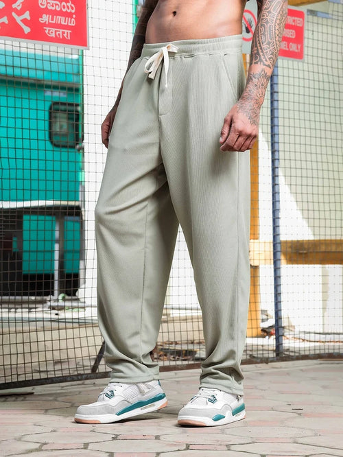 House Of Koala Olive Ribbed Relaxed-Fit Mid-Rise Track Pant