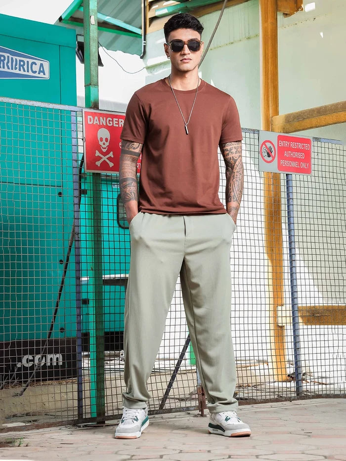 House Of Koala Olive Ribbed Relaxed-Fit Mid-Rise Track Pant