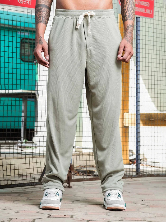 House Of Koala Olive Ribbed Relaxed-Fit Mid-Rise Track Pant
