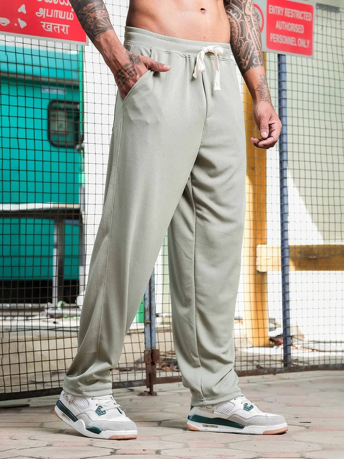 House Of Koala Olive Ribbed Relaxed-Fit Mid-Rise Track Pant