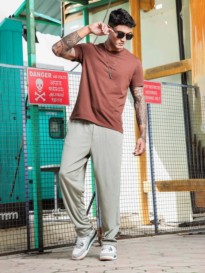House Of Koala Olive Ribbed Relaxed-Fit Mid-Rise Track Pant