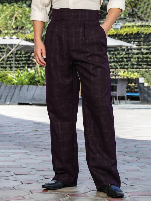 House Of Koala Wine Premium Chequered Gurkha Trousers with Double Pleated Front
