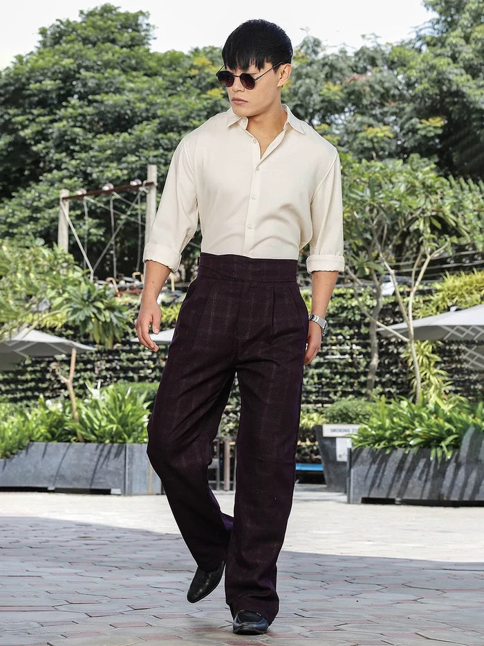 House Of Koala Wine Premium Chequered Gurkha Trousers with Double Pleated Front