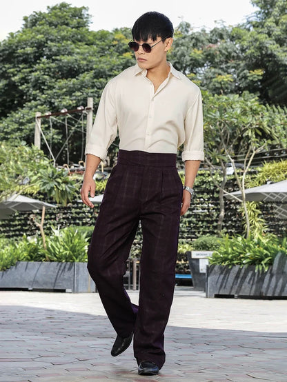 House Of Koala Wine Premium Chequered Gurkha Trousers with Double Pleated Front